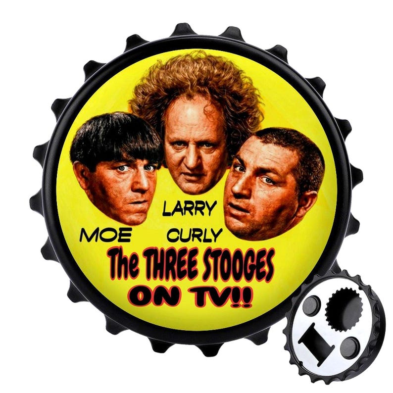 May include: Black bottle cap featuring Moe, Larry, and Curly from The Three Stooges on a yellow background. The text "The Three Stooges ON TV!!" is displayed. A separate bottle opener is visible.