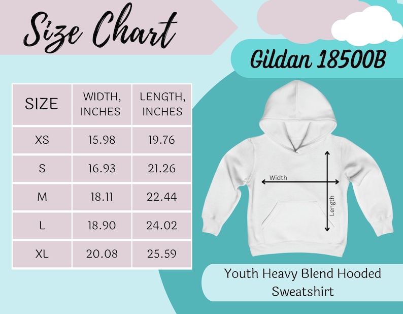 May include: White youth heavy blend hooded sweatshirt with size chart. The size chart shows width and length in inches, ranging from XS to XL. The sweatshirt is labeled as Gildan 18500B.