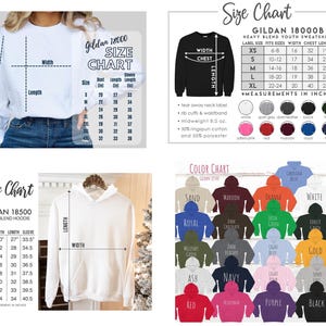 May include: Image features size charts for Gildan 18000, 18000B, and 18500 apparel. Charts display measurements in inches for youth and adult sizes, including width, length, and sleeve length. Color options are also shown.