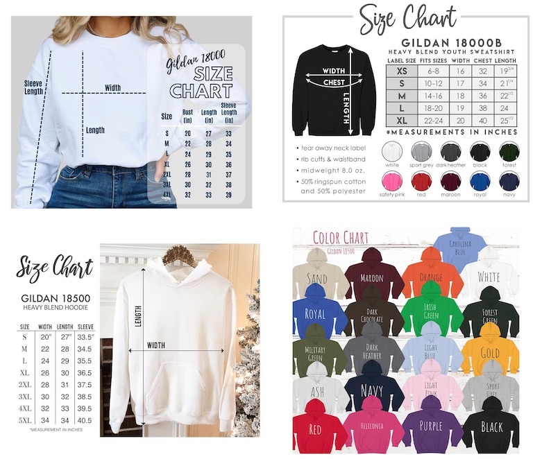 May include: Image features size charts for Gildan 18000, 18000B, and 18500 apparel. Charts display measurements in inches for youth and adult sizes, including width, length, and sleeve length. Color options are also shown.