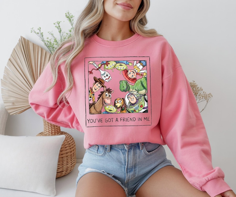 May include: Pink sweatshirt featuring a framed graphic of Toy Story characters. The graphic includes Woody, Buzz Lightyear, and the Little Green Men. The text "YOU'VE GOT A FRIEND IN ME" is below the graphic.