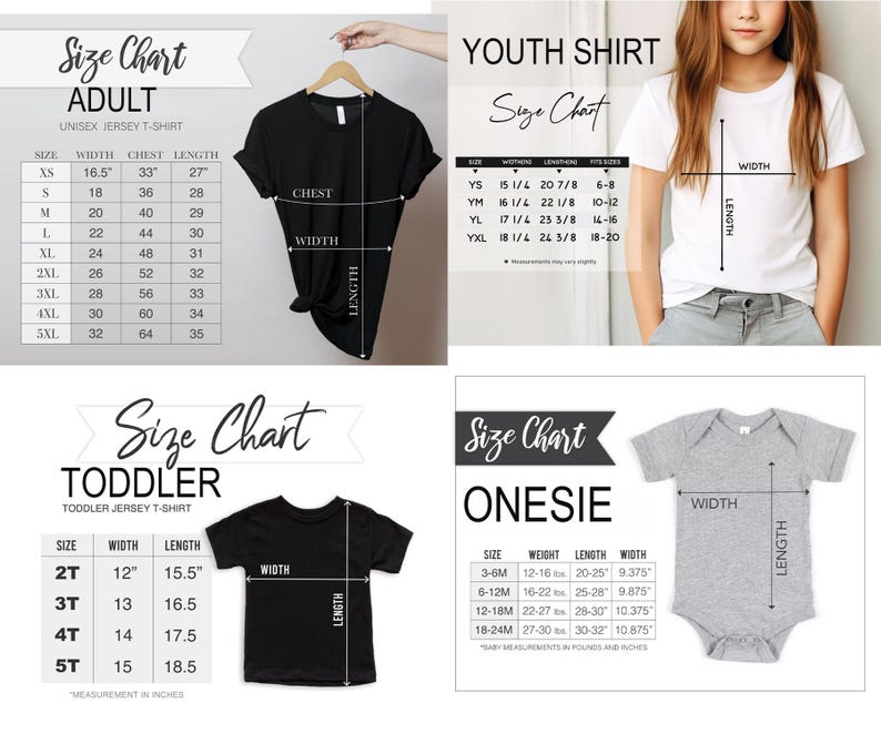 May include: A size chart for adult unisex jersey t-shirts, youth shirts, toddler jersey t-shirts, and onesies. Measurements are in inches. The adult chart includes sizes XS to 5XL. The youth chart includes sizes YS to YXL. The toddler chart includes sizes 2T to 5T.