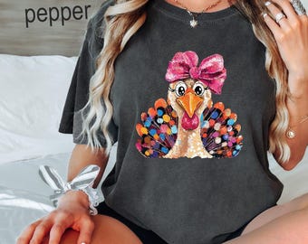 Colorful Non-Glitter Coquette Turkey Shirt, Glitter Turkey Thanksgiving Tee, Thankful Tee, Pink Coquette Bow, Thanksgiving Shirt