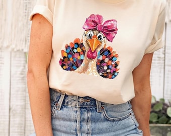 Colorful Non Glitter Coquette Turkey Shirt, Glitter Turkey Thanksgiving Tee, Thankful Tee, Pink Coquette Bow, Thanksgiving Shirt