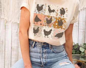 Boho Chickens Shirt, Retro Farmhouse Floral Backyard Chicken Tee, Cottagecore Aesthetic Clothing, Gift for Her