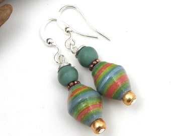 Aqua, Green, and Pink Fair Trade Earrings | Paper Bead Earrings | Lightweight | Paper Bead Jewelry | #1848