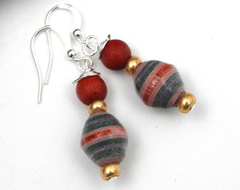 Green, Pink, and Red Fair Trade Earrings | Paper Bead Earrings | Lightweight | Paper Bead Jewelry | #1288