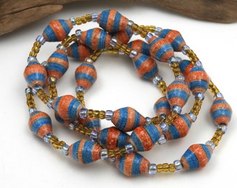 Blue and Orange Fair Trade Necklace | Paper Bead Jewelry | Hand Painted Necklace | #BA177