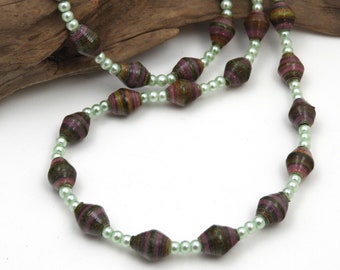 Green and Purple Paper Bead Necklace | Fair Trade Jewelry | Hand Painted Necklace | #BA161