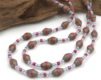 Pink and Blue Fair Trade Necklace | Hand Painted Beads | Fair Trade Jewelry | Long Paper Bead Necklace #240