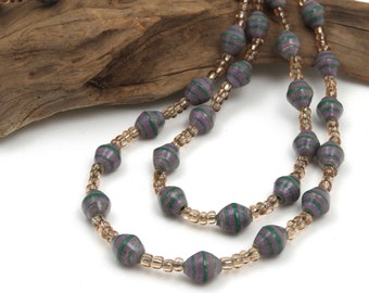 Purple, Green, and Gold Fair Trade Necklace | Hand Painted Beads | Fair Trade Jewelry | Long Paper Bead Necklace #1234