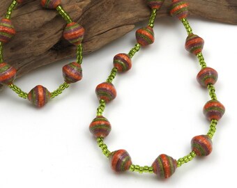 Orange and Green Paper Bead Necklace | Fair Trade Jewelry | Hand Painted Necklace | #BA185
