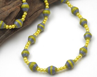 Yellow and Blue Necklace | Hand Painted Beads | Fair Trade Jewelry | Paper Beads | #BA127