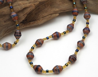 Orange and Blue Paper Bead Necklace | Fair Trade Jewelry | Hand Painted Necklace | #BA122