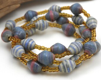 Blue, White and Gold Paper Bead Necklace | Fair Trade Necklace | Paper Bead Jewelry | Hand Painted Necklace | #BA197