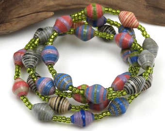 Multi-Colored and Lime Green Fair Trade Necklace | Paper Bead Jewelry | Hand Painted Necklace | #BA195