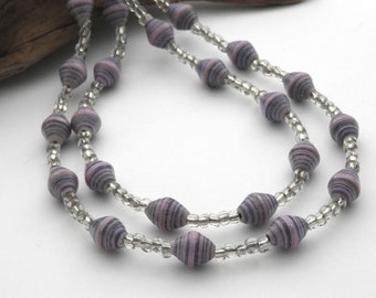 Pastel Purple Stripe Painted Beads - Fair Trade Paper Bead Jewelry - Long Necklace - #B315
