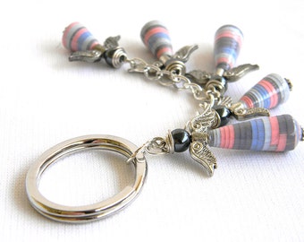 Pink and Blue Paper Bead Angel Charms Keychain - Fair Trade - #122