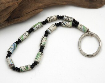 Fair Trade Keychain Wristlet Fob | Paper Atlas Map Beads | Gift for Traveler | #BA171