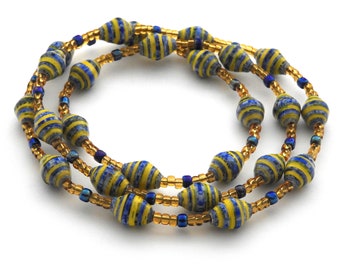 Blue and Yellow Striped Fair Trade Hand Painted Paper Bead Jewelry - Necklace - #134