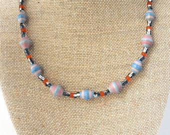 Blue and Orange Fair Trade Hand Painted Paper Bead Jewelry - Necklace - #1619