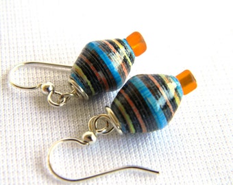 Blue and Black Fair Trade Paper Bead Jewelry - Kids Girls NEON Earrings - #1010