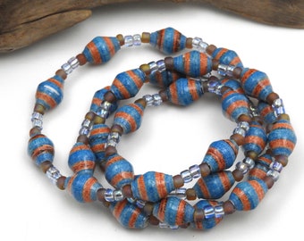 Orange and Blue Fair Trade Necklace | Paper Bead Jewelry | Hand Painted Necklace | #BA180