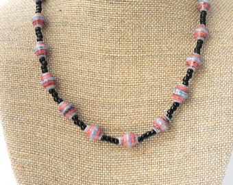 Pink and Blue - Fair Trade Hand Painted Paper Bead Jewelry - Necklace - #C177