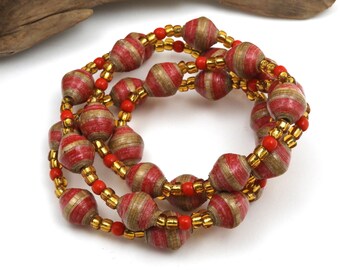 Red and Gold Necklace | Hand Painted Beads | Fair Trade Jewelry | Paper Beads | #BA192