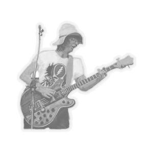 May include: Black and white sticker featuring a musician playing a bass guitar. The musician wears a hat and a t-shirt with a graphic design. A microphone is positioned in front of the musician. The bass guitar has a unique shape and design.