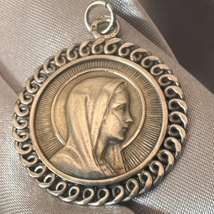 Vintage Silver Mary Pendant, Lourdes Medallion, 1950&#39;s Religious Jewelry, Our Lady Virgin Mary