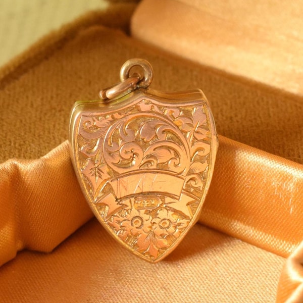 Antique Edwardian Gold Plated Shield Locket, Thomas Hopwood Engraved Pendant, English Two-Tone Heraldic Keepsake