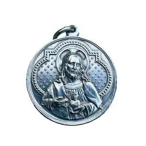 Antique Silvered Medal – Sacred Heart of Jesus & Our Lady of Lourdes – Catholic Devotional Medal c.1900