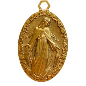 Large PY Miraculous Virgin Medal French Antique Religious Pendant Cradle Medal