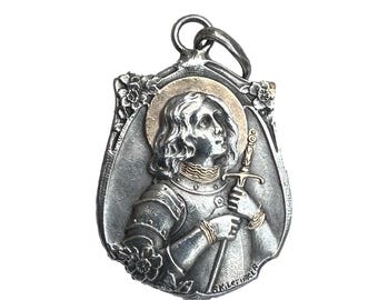 Antique Joan of Arc Medal – Silvered & Gilt French Religious Pendant, Signed Kinsburger