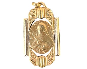 Art Deco Gold-Plated St Teresa Pendant, Signed Oria