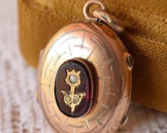 Antique Victorian Locket Gold Plated Brass Photo Pendant Red Glass Garnet Cabochon Seed Pearl Opening Reliquary Engraved 19thC Gift