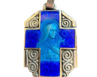 Broche Ancienne Médaille Religieuse Sainte Thérèse - Couleur Argentée Et Bleue - Bon état
