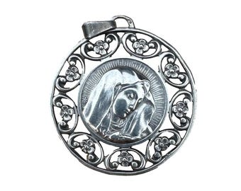 Antique French Openwork Silver Virgin Mary Medal – Art Nouveau Catholic Pendant – Marian Devotional Jewelry