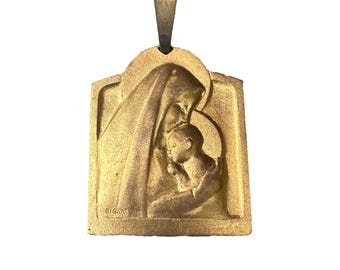 Art Deco Gilded Bronze Virgin Mary Medallion – Signed BIGARD, French Religious Plaque
