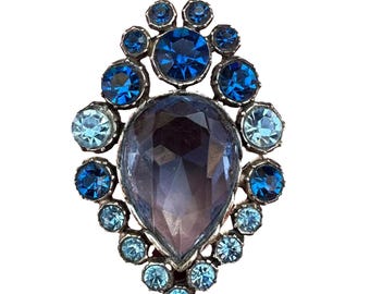 French Art Nouveau Brooch, Blue Teardrop Crystal Pendant, Antique Silver Plated Rhinestone Leaf Pin, Something Blue Vintage Wedding Gift