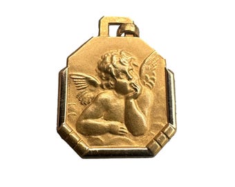 1920s Gold Filled Cherub Medal, French Guardian Angel Pendant