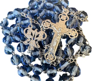 Art Nouveau Sterling Silver Crystal Faceted  Blue Beads  Rosary Gift For Her Communion Gift