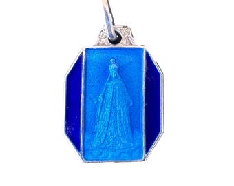 French Sterling Silver Our Lady of Africa Medal, Blue Enamel, 1940s