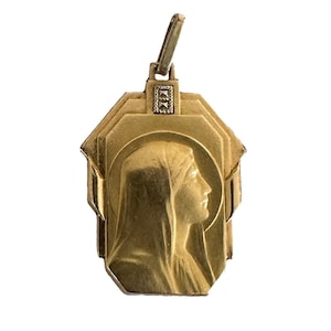 18K Gold gefüllter französischer antiker Art-Deco-Anhänger unserer lieben Frau Fix Markasit-Medaille, französischer katholischer Goldanhänger, Geschenk für sie