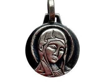 Fernand PY Virgin Mary Art Deco Pendant, Silver Plated Religious Medal