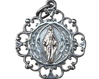 Antique French Silver & Gold Virgin Mary Medal – Pierced Art Nouveau Marian Pendant – Religious Jewelry