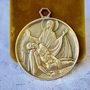Fernand Py Pieta Bronze Medal Large Art Deco Catholic Pendant Signed French Religious Antique Sacred Art Virgin Mary Collectible Christ Gift