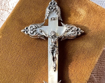 Antique 19th Century 800 Silver & Mother of Pearl Large Crucifix Pendant, Pectoral Cross with Silver Backing, Catholic Sacred Art MOP