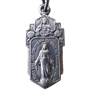 Antieke verzilverde medaille – Onbevlekte Ontvangenis en wonderbaarlijke medaillesymbolen – Franse katholieke hanger ca. 1900